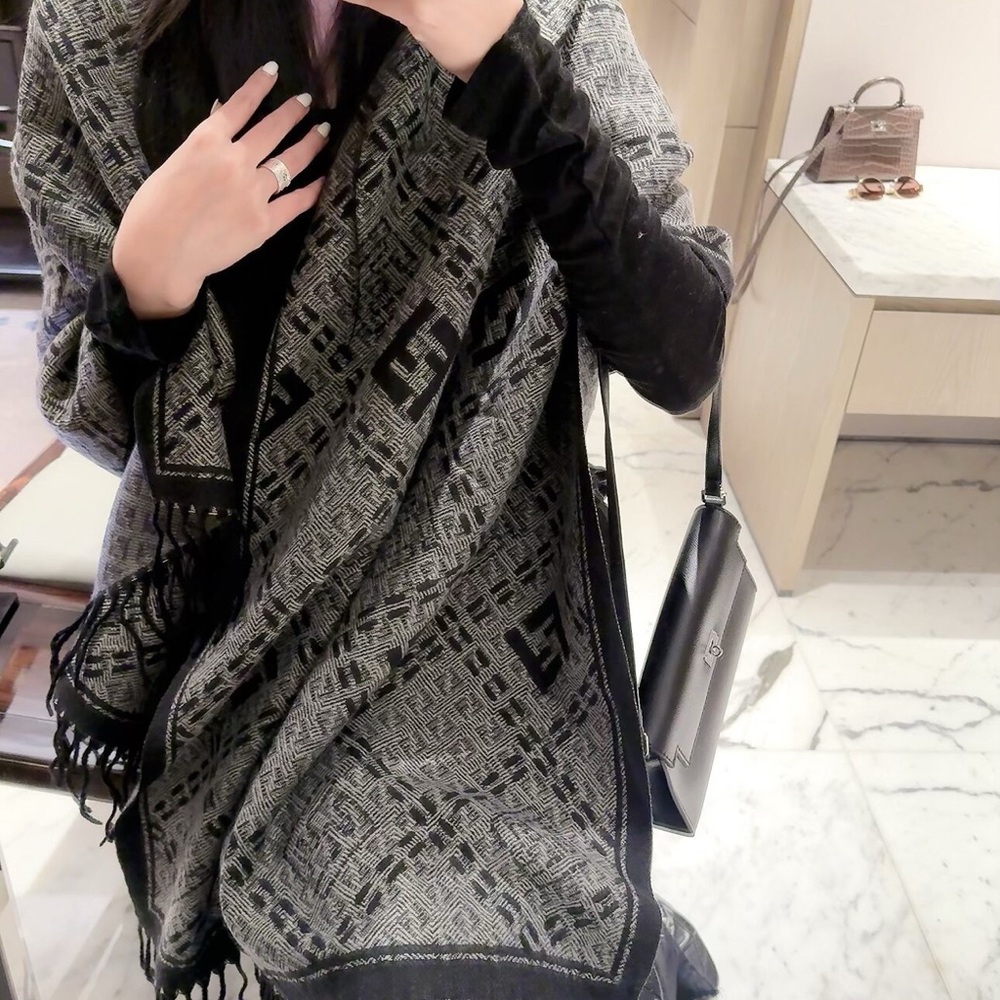 Fendi Black & Gray Logo Jacquard Shawl Wrap
